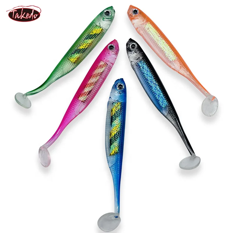 TAKEDO 5 unids/bolsa 7,5 CM 2,2G PVC cola en T Arco Iris señuelo suave agitador delgado cebo suave gusano Señuelos de pesca Wobber para lubina trucha Pike señuelo - imagen 3