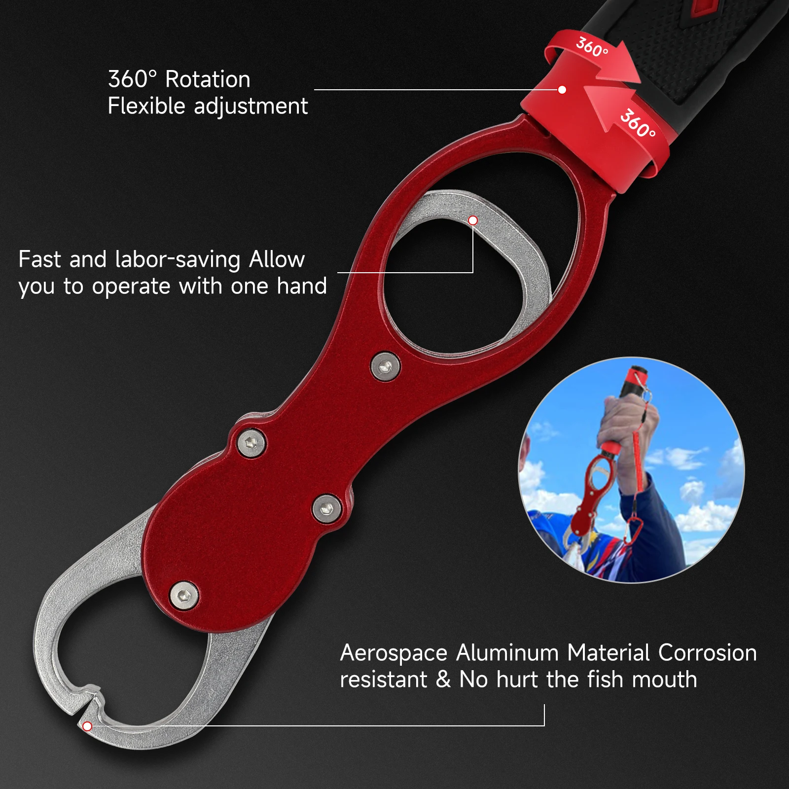 SANLIKE Empuñadura de labio de pescado de aluminio con escala incorporada 360 °   Aparejos de pesca portátiles de goma con mango giratorio para medición de captura - imagen 5