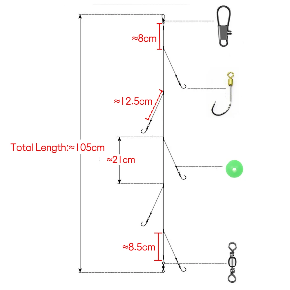 Elllv-aparejo de alambre inoxidable para pesca en agua salada, antienredos Sabiki con 5 ganchos giratorios de piezas, 2 paquetes por lote, #8 - #24 - imagen 4