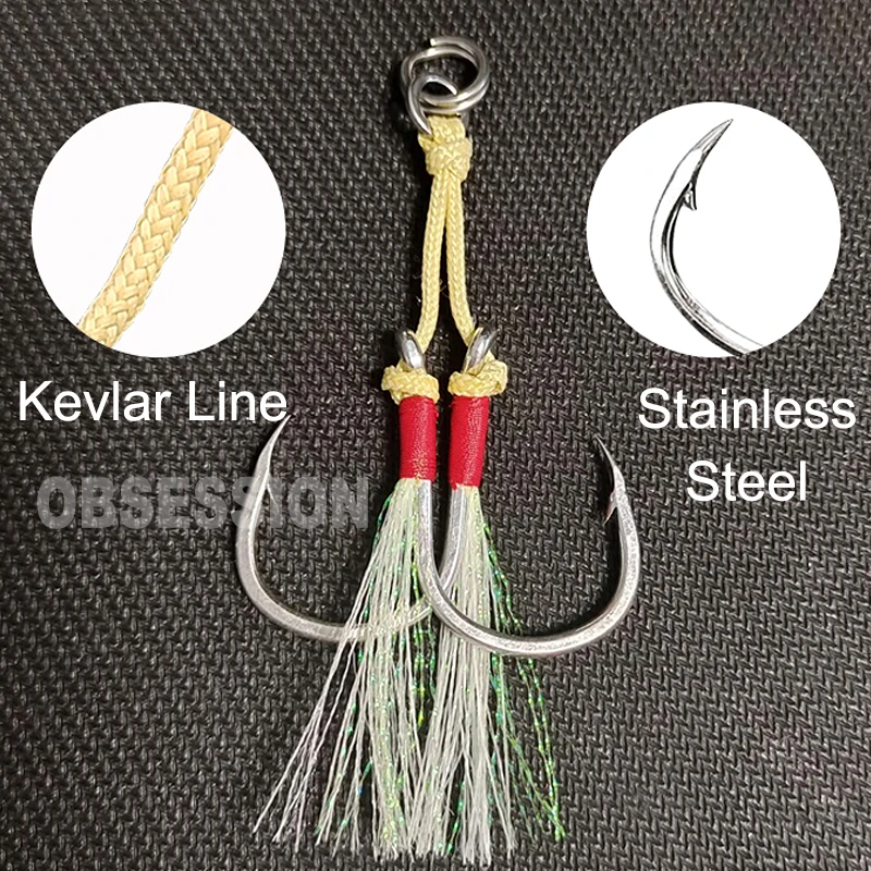 OBSESSION HK002 10 piezas Kevlar línea 1/0-5/0 gancho de Jigging de asistencia única hilo de acero alto en carbono plantilla de plumas anzuelos de Pesca luminosos - imagen 5