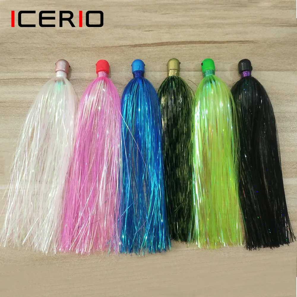 ICERIO 2 piezas Mylar Flash Teaser Tail Jig Head señuelo de pesca, cebo para falda de pesca de agua salada, accesorios de señuelo de curricán