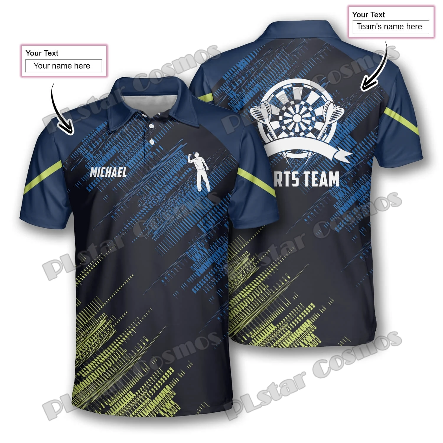 Polo con estampado 3D de dardos personalizados para hombre, camiseta informal de verano, Premium, verde y azul, PLP32