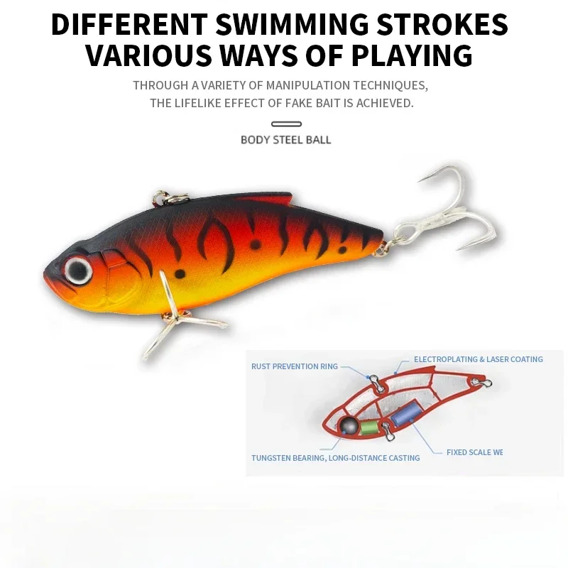 1 unidad de Crankbaits sin labios con vibración, marea de pesca, curricán de agua salada, cebo duro Artificial de 75mm y 14,5g, Señuelos de Pesca hundidos, señuelo VIB - imagen 5
