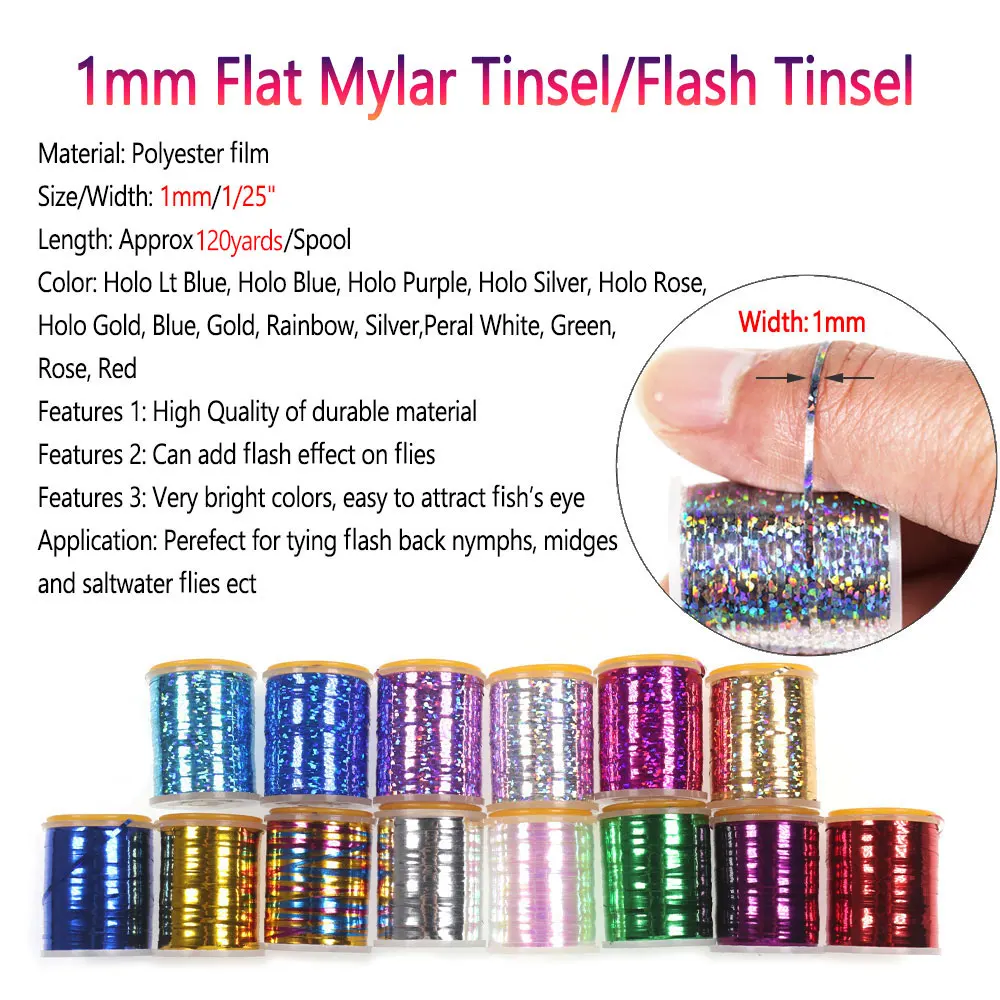 Bimoo, oropel plano de Mylar para atado de moscas de 0,3mm/1mm, oropel Flash holográfico, serpentina de ninfa húmeda seca, pesca de trucha, Material de atado de moscas - imagen 2