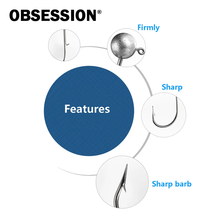 OBSESSION W001-A 10 unids/bolsa anzuelo con cabeza de anzuelo de agua salada 1,7g 2,5g 3,5g 5g 7g 10g 14g anzuelo de pesca con diseño de señuelo suave antipérdida - imagen 5