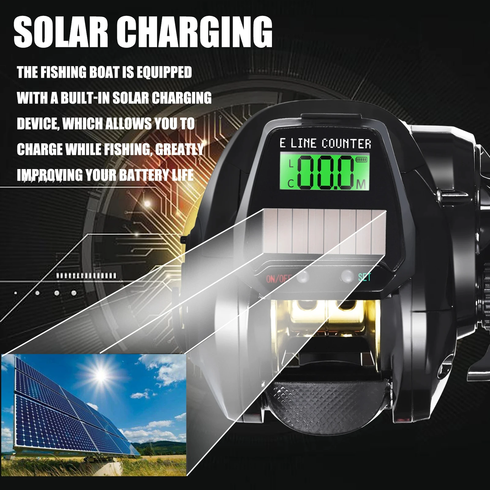 Carrete de pesca Baitcasting electrónico, pantalla Led, carga USB y 7,2 Solar: 1, fundición de rueda de tambor fundido impermeable para agua salada de mar, nuevo - imagen 3