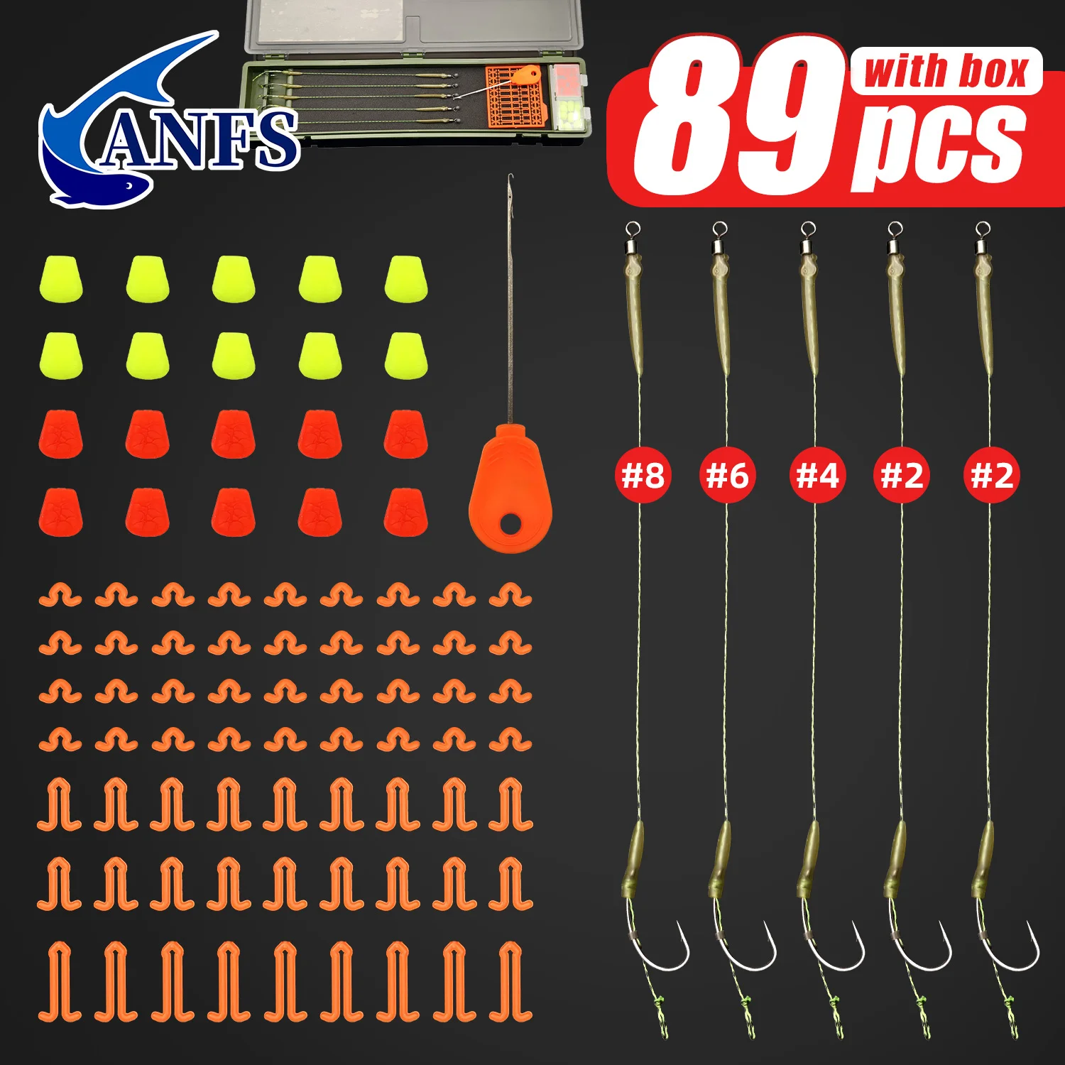 89 Uds. Caja organizadora de accesorios de pesca de carpa que incluye 5 uds. De aparejos para el cabello con gancho, 1 Uds. De agujas de cebo, 20 cebos, 63 Uds. De tapones - imagen 2