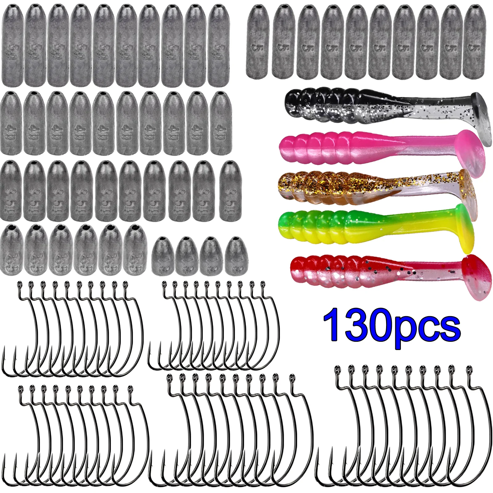 130 Uds Texas Rig Kit Carolina Rigs 1,8g 2,5g 3,5g 4g 5g 6g plomo de pesca # 2- # 3/0 Ganchos compensados Señuelos blandos de silicona