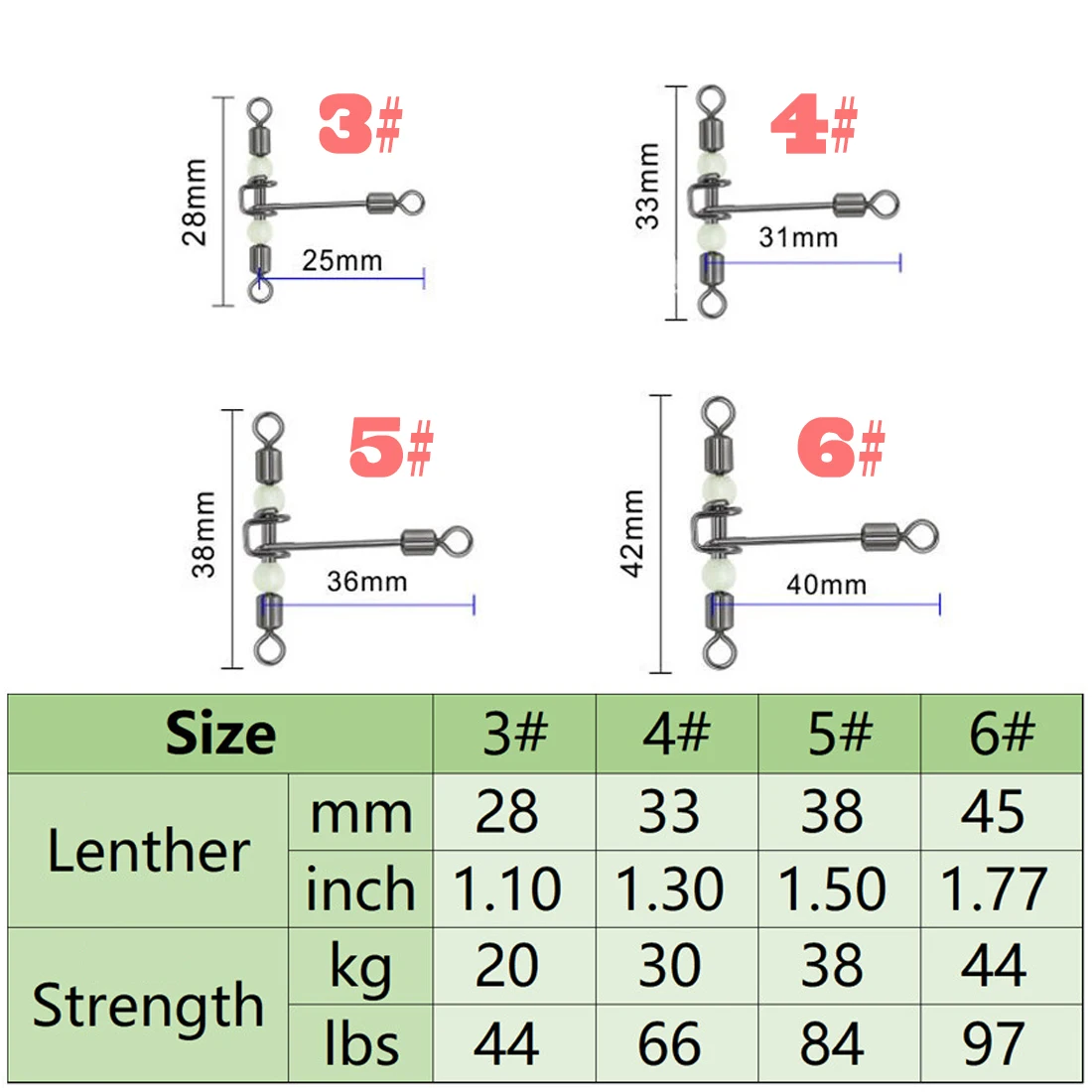15 Uds. Giratorio giratorio luminoso en forma de T de 3 vías con cuentas de perlas, giratorios de pesca, anzuelos, conector de pesca - imagen 2