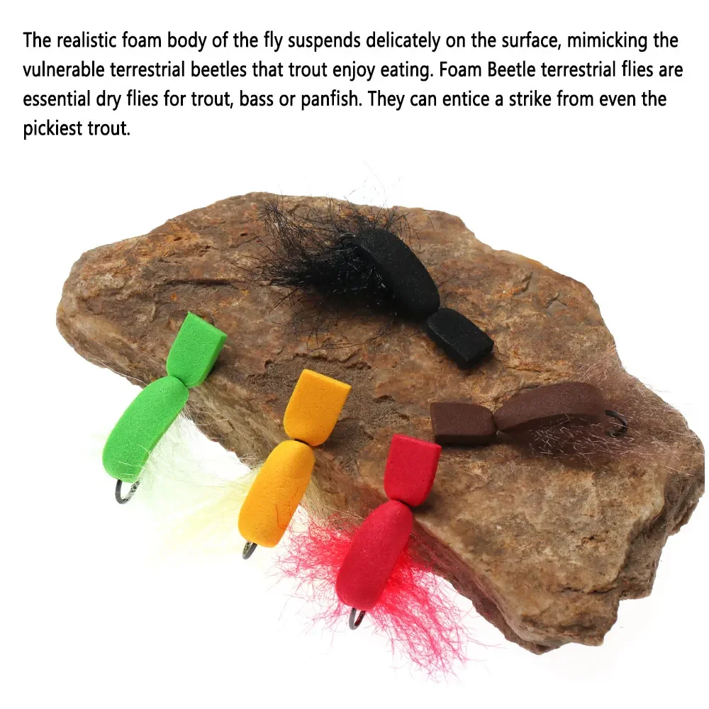 Bimoo 10 piezas # 12 escarabajo de espuma flotante, mosca seca, anzuelo de mosca con púas, cebo de insectos artificiales para trucha, lubina, perca, Señuelos de pesca - imagen 5