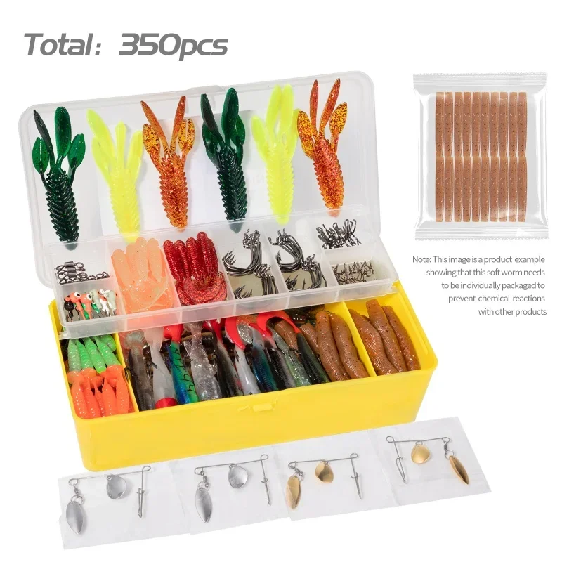 Juego de Señuelos de Pesca de 350 Uds., Kit de cebo de silicona suave de agua dulce, Wobbler Artificial, plantilla de Metal, cucharas, anzuelo, accesorios de pesca, aparejos