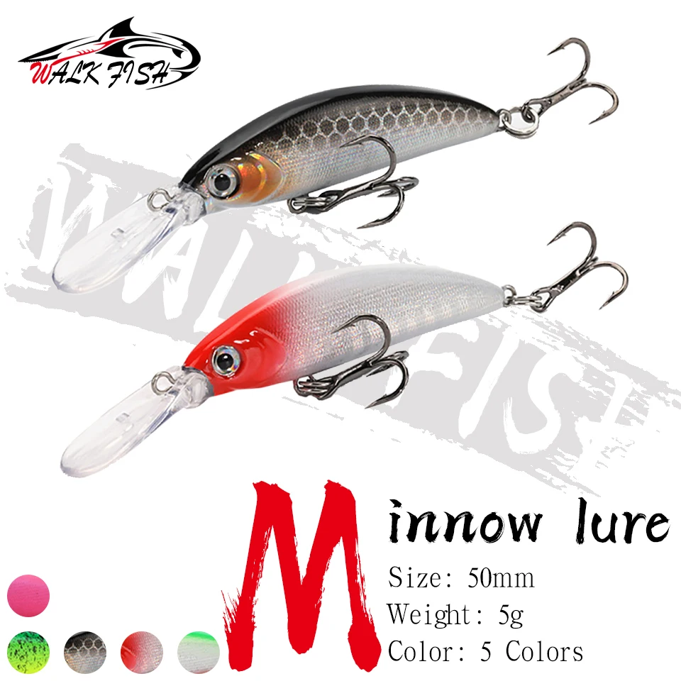 WALK FISH 1 Uds. Señuelos de pesca Minnow 5g 5cm cebos de hundimiento de lubina ojos duros 3D Swimbait Artificial Luya cebo aparejos anzuelo