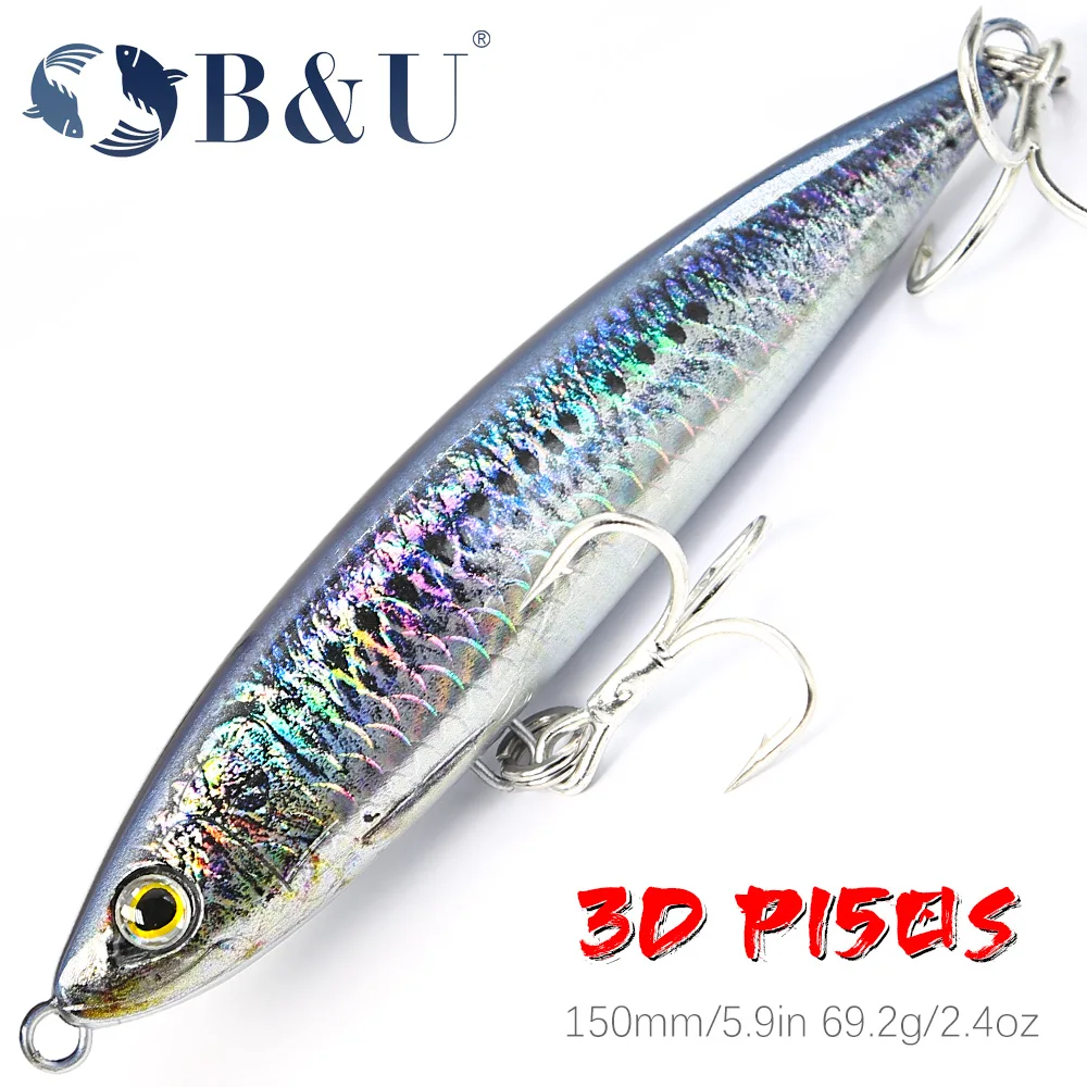B & U-señuelo de pesca hundido en el mar con impresión 3D, cebo adhesivo, lápiz, agua superior, 150mm, 69,2g, GT, palo de pesca de agua salada, cebo Artificial - imagen 2
