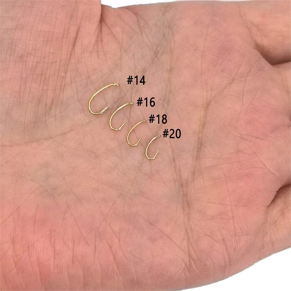 50 piezas # 14 # 16 # 18 # 20 anzuelos de atado de moscas curvados dorados sin púas Caddis Pupae larvas Scud camarones zumbador trucha Señuelos de pesca - imagen 4