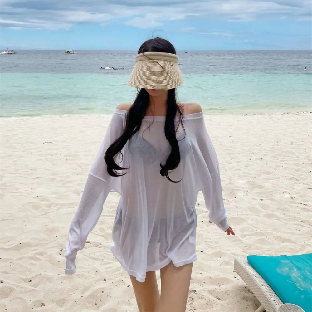 Camisetas holgadas para cubrir Bikini, ropa de playa de verano, camisas de fondo transparentes lisas, camisetas de manga larga ligeras lavables para mujer - imagen 2