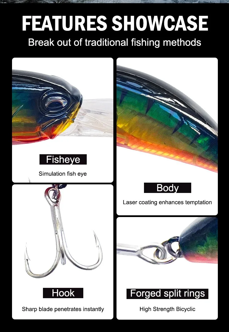 Detalle de la lengüeta larga del crankbait y los anzuelos triples