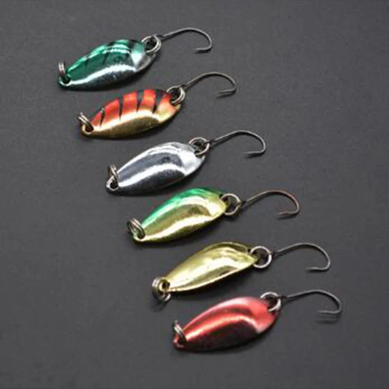 OUTKIT 6 unids/lote 3g 3, cm aparejos de pesca cebo de pesca cuchara de Metal señuelo cebo para trucha cucharas de lubina pequeña cuchara giratoria de lentejuelas duras