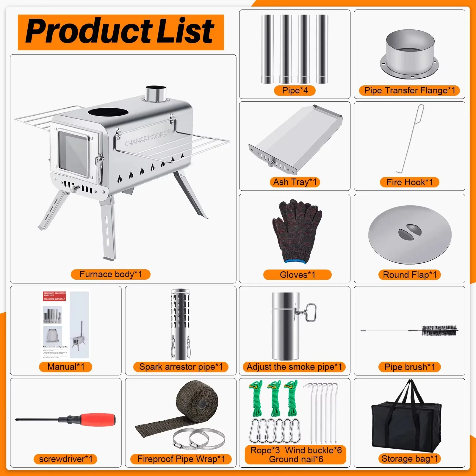 CHANCE MOORE 201 Estufa de tienda de campaña de acero inoxidable Accesorios completos Quemadura eficiente de seguridad con quemadura secundaria para picnic Camping - imagen 3