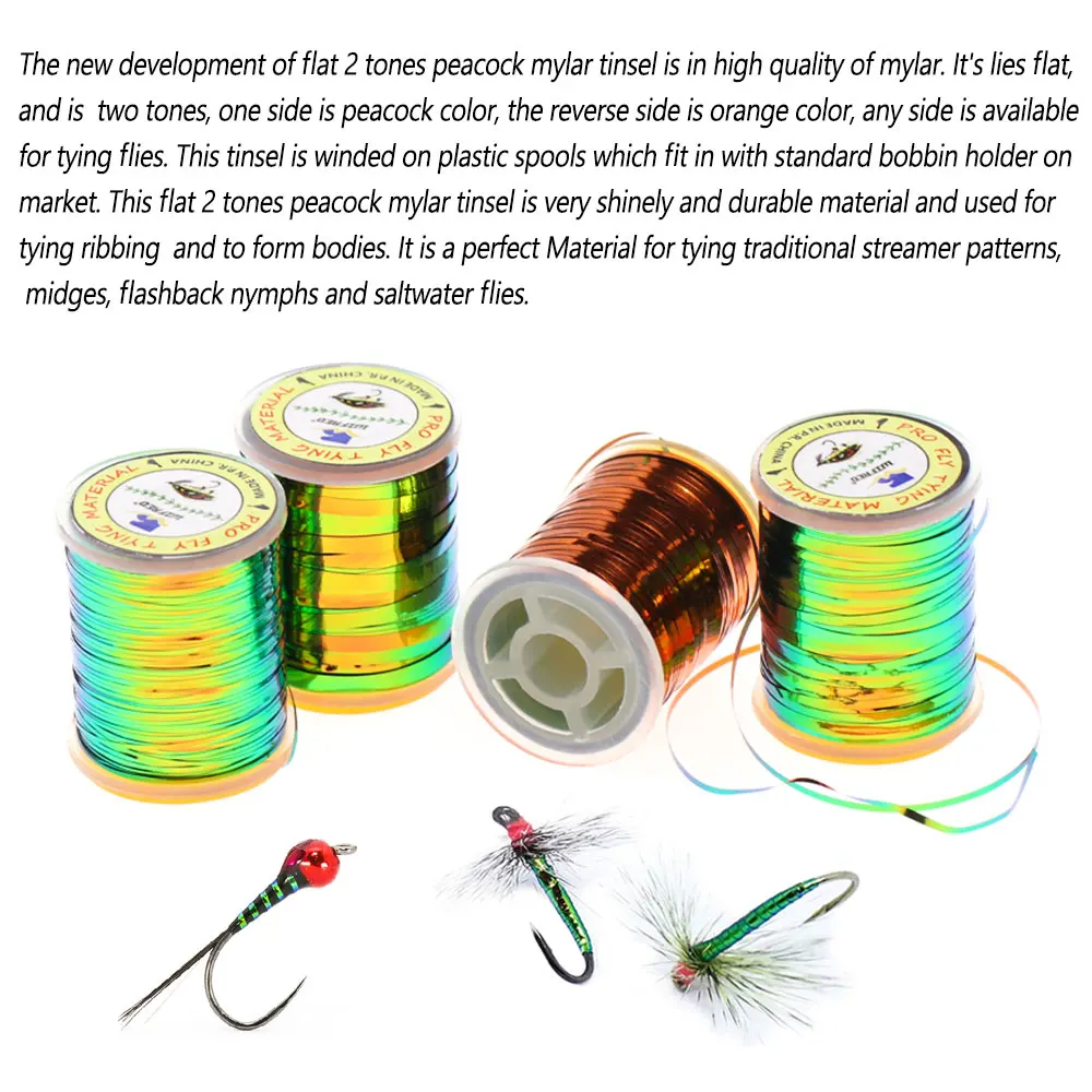 Bimoo, 0,5mm ~ 2mm de ancho, plano, 2 tonos, oropel de Mylar de pavo real, Material metálico duradero para atar moscas corporales para ninfas, mediciones, moscas de agua salada - imagen 5