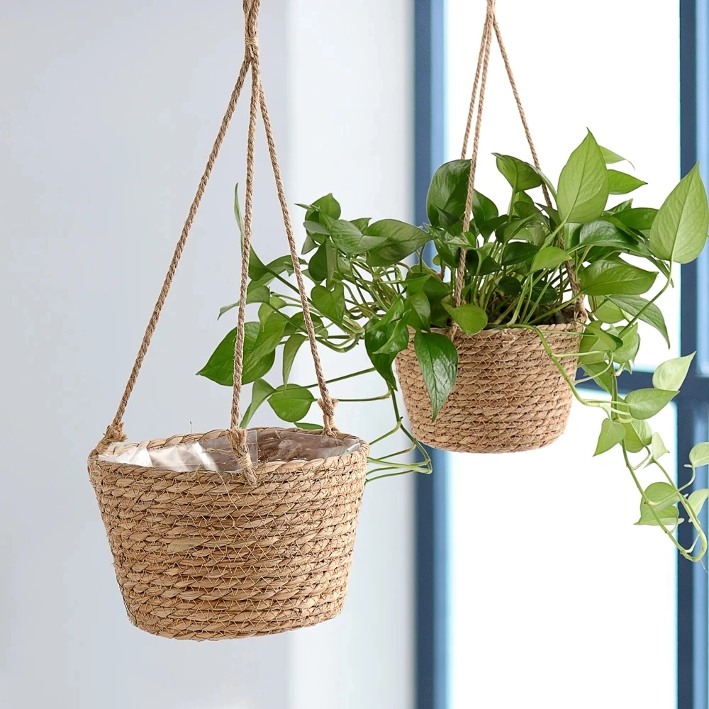 Cesta de almacenamiento de plantas de jardín para decoración del hogar, macetero colgante tejido para interiores y exteriores, soporte para maceta, perchas para plantas de macramé - imagen 2