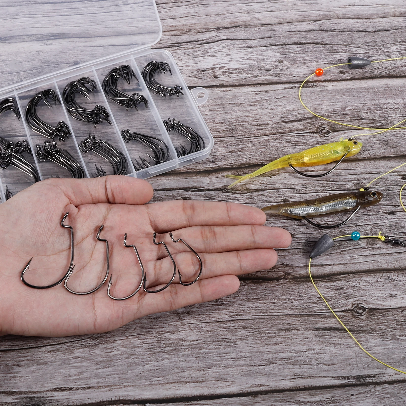 100 Uds EWG gancho pesca de lubina anzuelos de gusano Kit Extra ancho espacio 2X fuerte para señuelo suave Texas Rig Drop Shot Carolina Rig agua salada - imagen 2