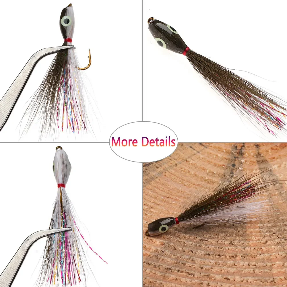 Bimoo 1/2 piezas # 8 ojos de pez 3D luminosos Bucktail Thunder Creek Minnow Fly pequeño Baitfish Streamer trucha marina lubina Lucio señuelos de peces - imagen 4