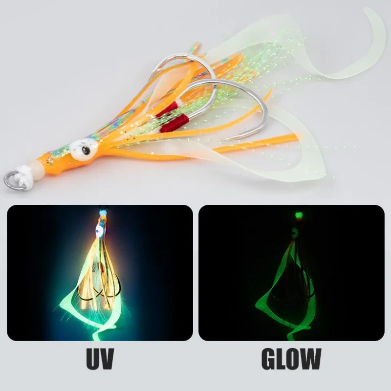 Plantilla de pesca de agua salada, accesorios de señuelo, gancho de falda de calamar suave, cebo de curricán, anzuelo de ayuda lento, pesca en barco oceánico, 2 unids/bolsa - imagen 2