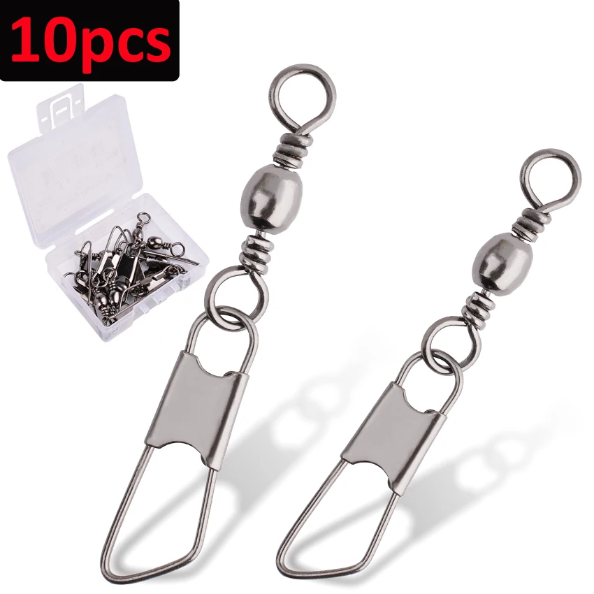 10 unids/caja giratorios de acero inoxidable con señuelo de anzuelo a presión conector de pesca giratorio rodamiento de Pin aparejos de pesca giratorios - imagen 5