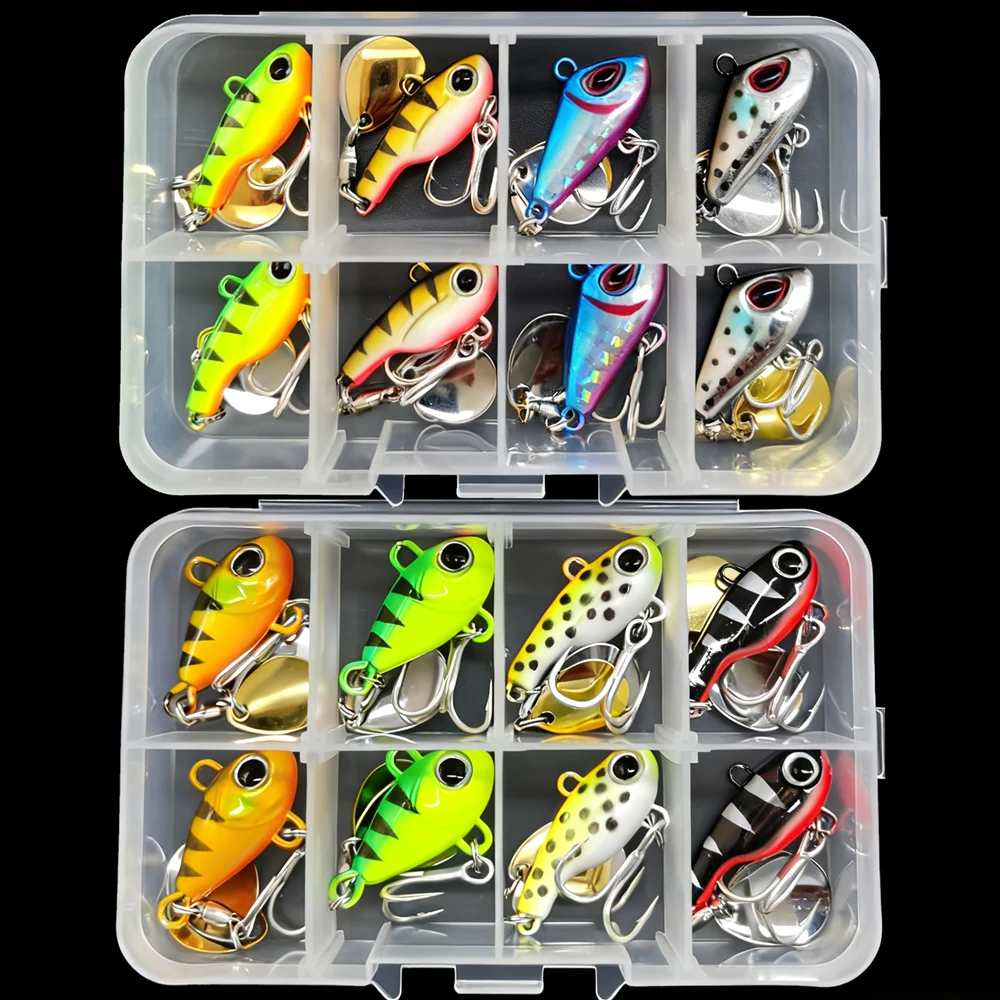 Aorace 8 Uds Metal VIB con doble lentejuelas juego de Señuelos de Pesca 10g-14g aparejos de pesca Pin Crankbait vibración Spinner cebo que se hunde
