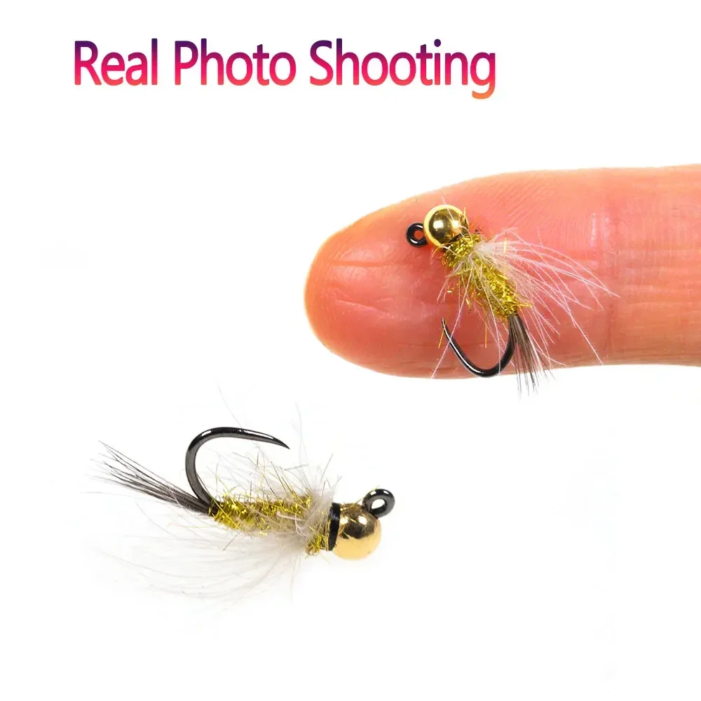Bimoo 4 piezas # 12 cabeza de cuentas de tungsteno CDC Hackle Jig Ninfa Fly Pheasant Tail hundimiento rápido húmedo Euro Ninfa mosca trucha Señuelos de pesca - imagen 5