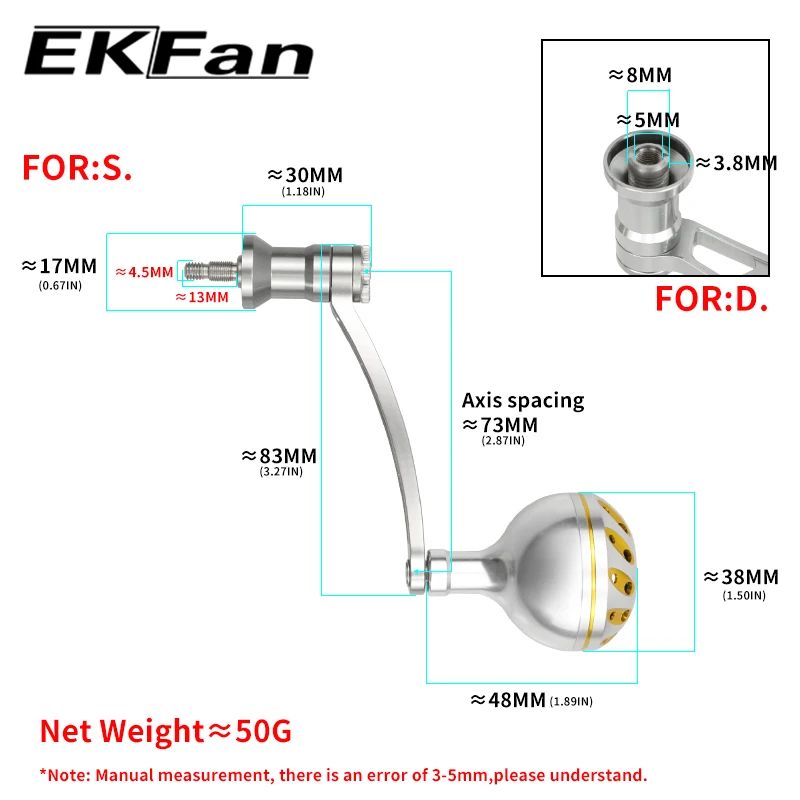 EKfan CNC proceso 83MM de longitud aleación de aluminio SHI & DAI mango de carrete de pesca giratorio piezas de perilla plateada - imagen 2