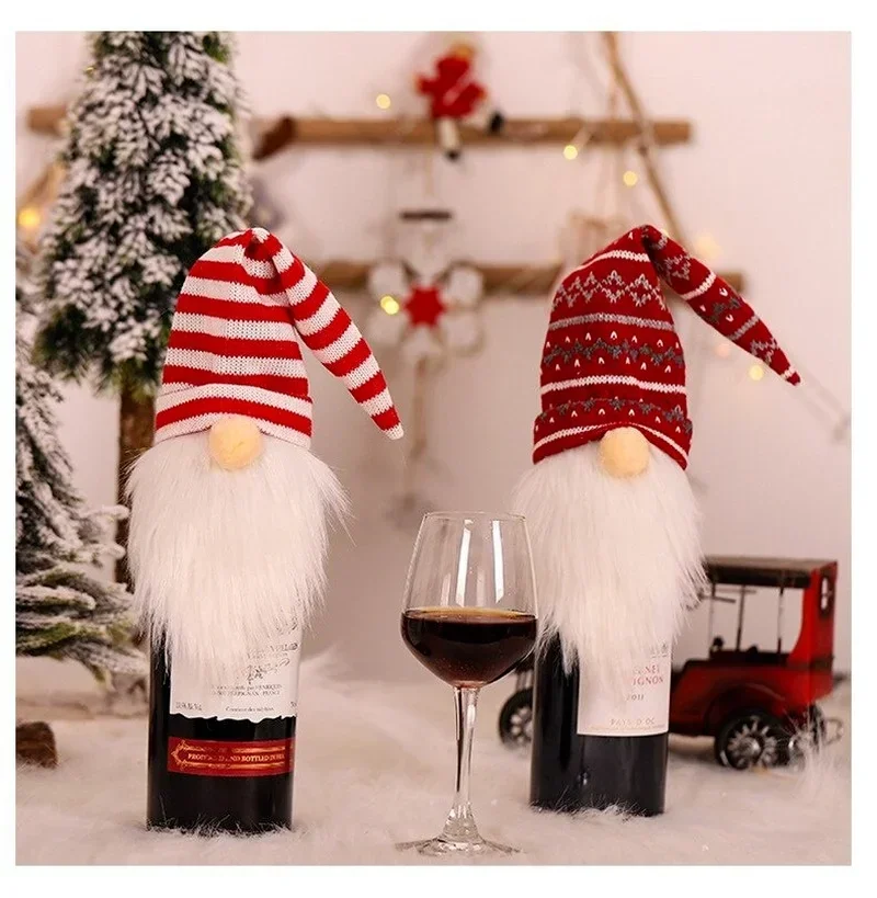 Cubierta de botella de vino de lana de punto de Papá Noel, adornos navideños sin rostro, decoración de Feliz Navidad, cubierta de botella para el hogar - imagen 2