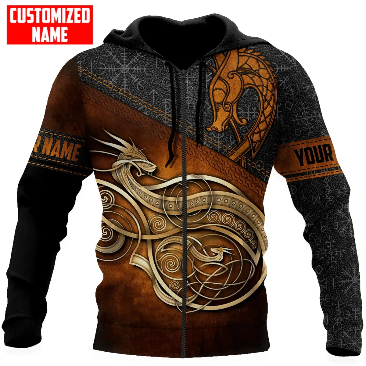 Personalizado dragón marrón Valknut tatuaje 3D completamente estampado moda hombres Sudadera con capucha Unisex cremallera Sudadera con capucha Casual chándales KJ982 - imagen 3