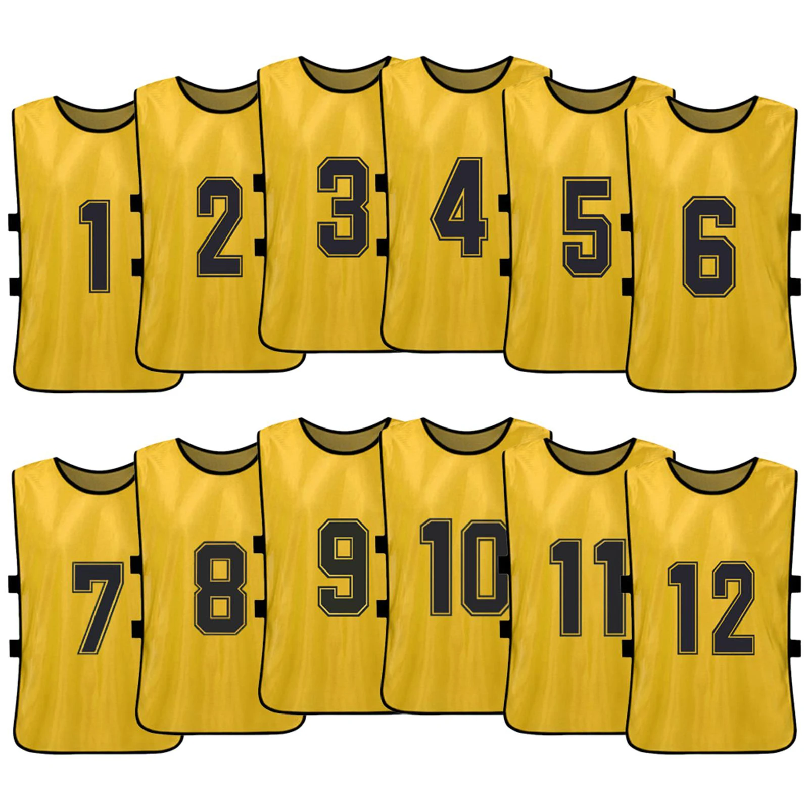 Pinnies amarillos personalizables con números para equipos deportivos