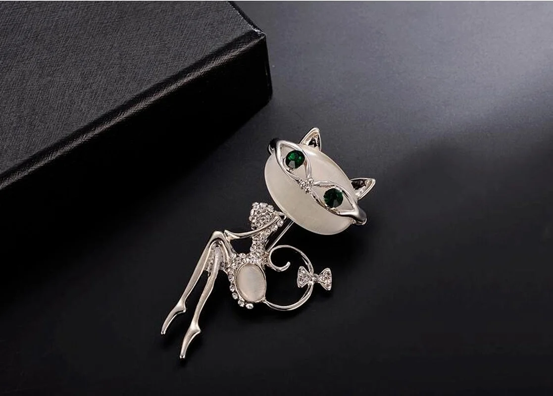 Broche de piedra de ojo de gato de gatito súper bonito de ópalo, Collar de cristal, vestido creativo, accesorios de boda sexys de estilo moderno - imagen 4