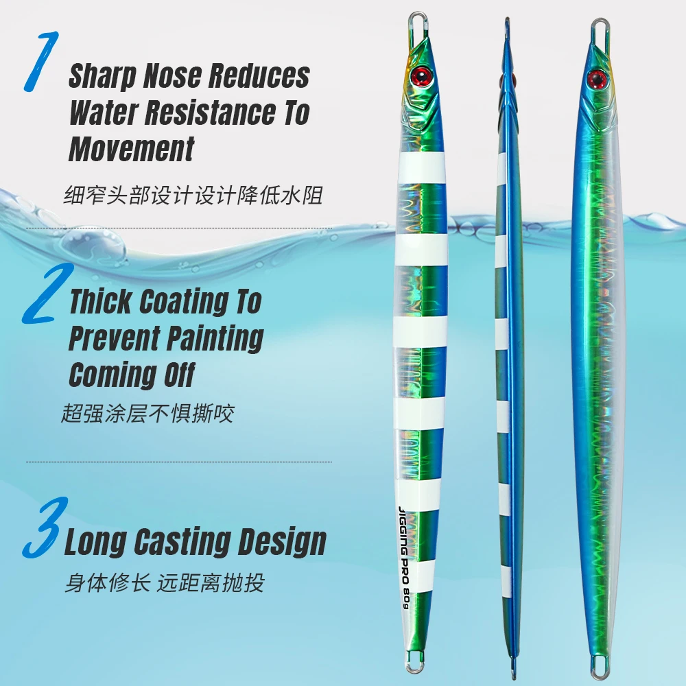 JIGGING PRO-señuelo de Jigging de hoja larga, 40g, 60g, 80g, 100g, plantilla de Metal fundido largo, señuelo de pesca en barco costero, cebo de pesca de agua de mar - imagen 3