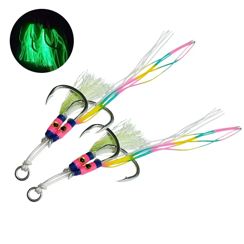 10 pares de anzuelos de señuelo con plantilla brillante, accesorios de señuelo de pesca de acero rico en carbono, anzuelos de asistencia de doble púas, anzuelos de Jigging lento, pesca - imagen 4