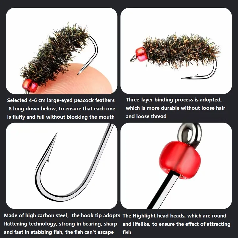 Anzuelo de moscas e insectos, cebo de pesca con plumas de pavo real, cabeza de cuentas de vidrio, ninfa, Scud, Midge, trucha, salmón, 10 piezas - imagen 4