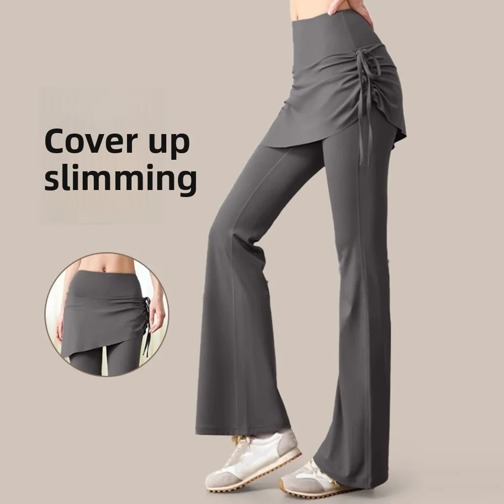 Diseño de falda Leggings de fitness 2 en 1 dobladillo acampanado Leggings deportivos Cordón Secado rápido Pantalones deportivos de yoga Previene la vergüenza