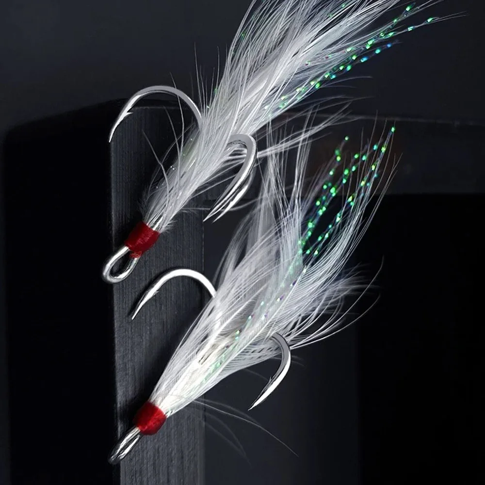 Anzuelos triples de plumas 1 # -10 # 15 Uds anzuelo de pescado ángulo con púas afilado acero alto en carbono níquel antioxidante señuelo aparejos de pesca anzuelo