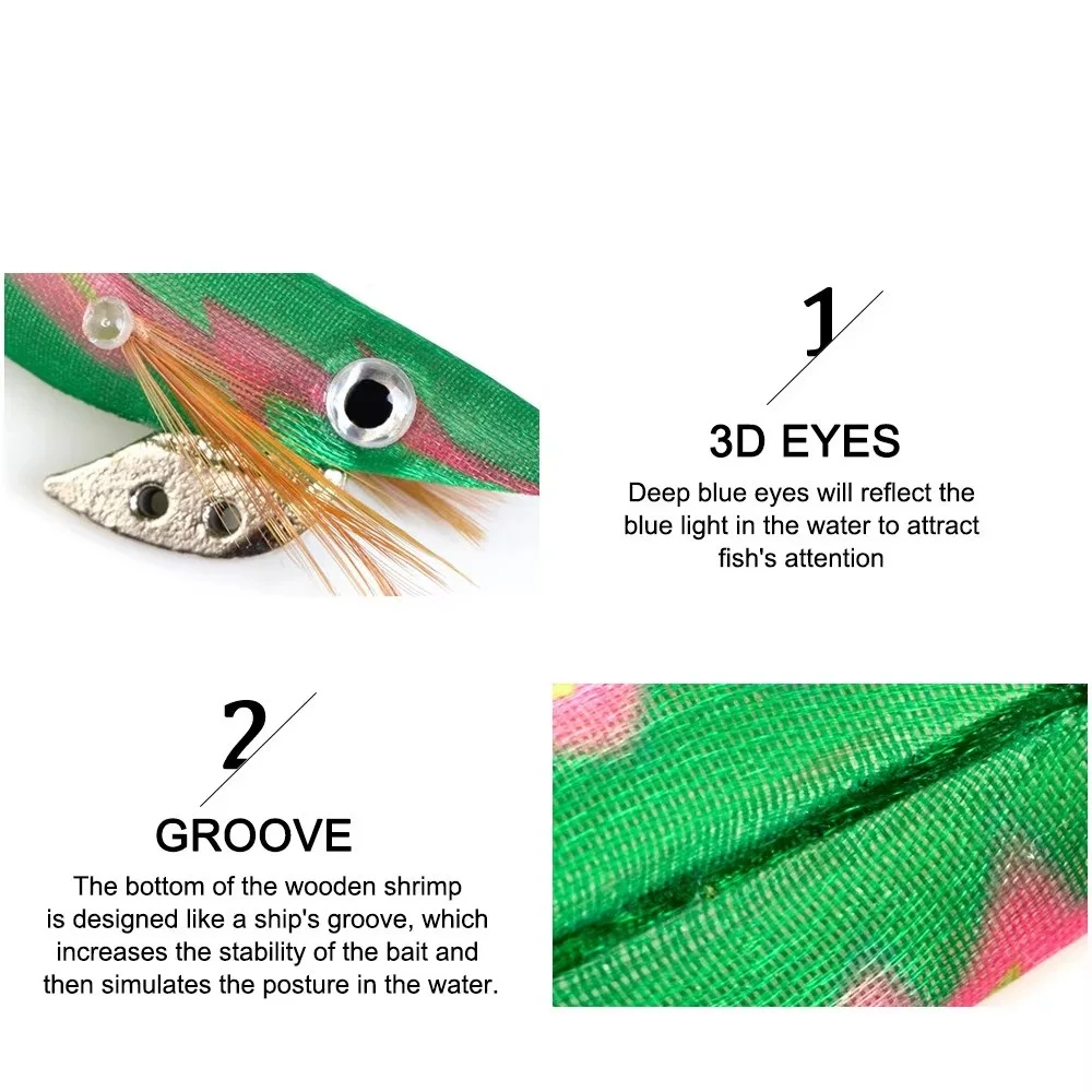 FTK 8g 12g 15g 19g plantilla de calamar señuelo de pesca de mar camarones de madera ojos 3D luminosos anzuelo de calamar Jigging pulpo cebo Artificial duro - imagen 4