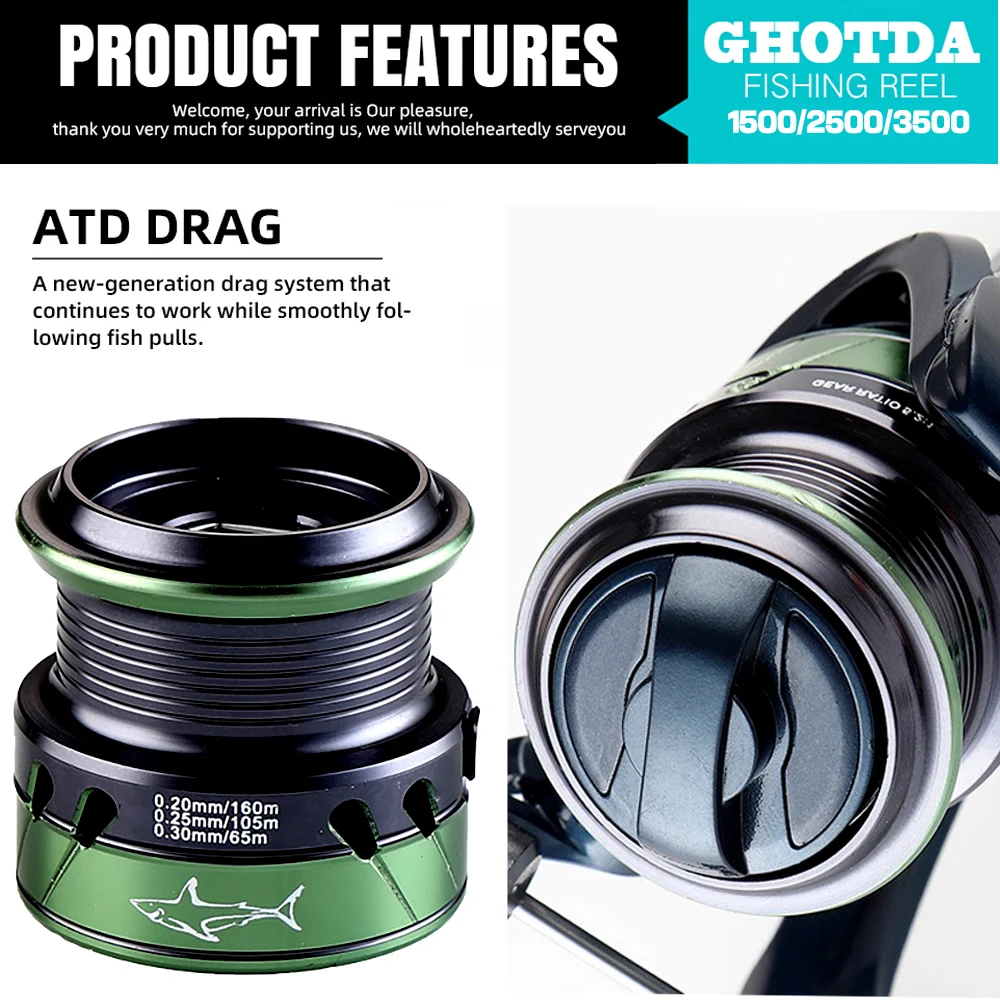 Carrete de pesca giratorio 1500, 250, 3500, ultraligero, arrastre máximo 8kg, 5,2: 1, Surfcasting, agua salada, Jigging - imagen 5