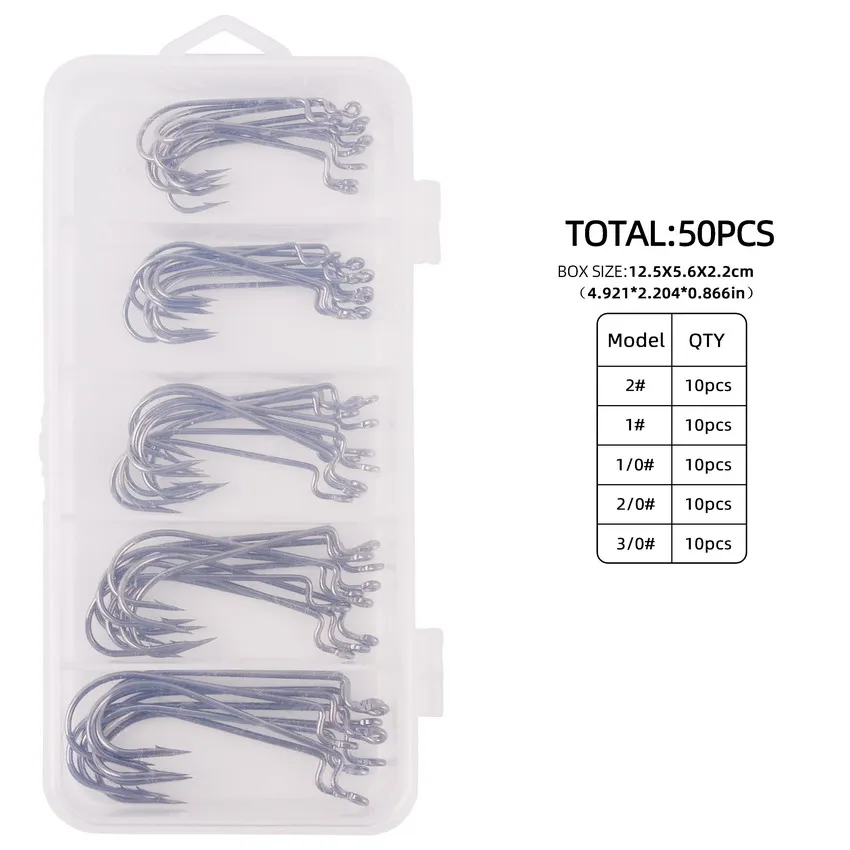 Anzuelos de gusano Offset de pesca ewg-offset de tamaño mixto, ganchos de gusano Offset de curva redonda, hueco ancho con vástago de púas, 50 unids/lote por caja - imagen 3