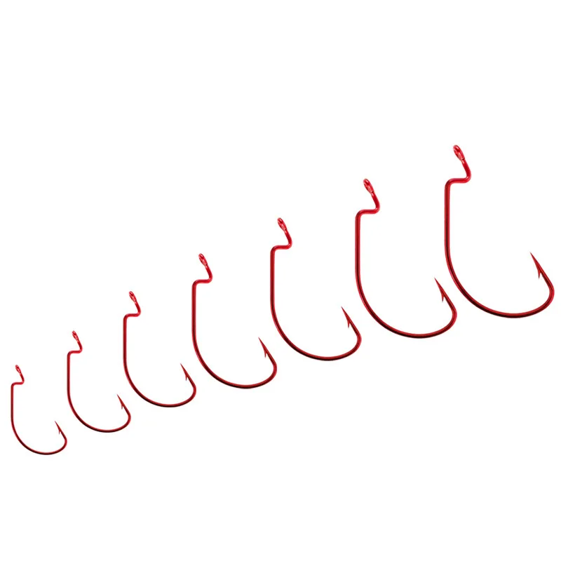 Anzuelos de gusano de pesca, manivela señuelo de rojo y gris, cebo suave Texas Rig, tamaño 1/0 #-5/0 #, lote de acero de alto carbono, 8 piezas - imagen 2