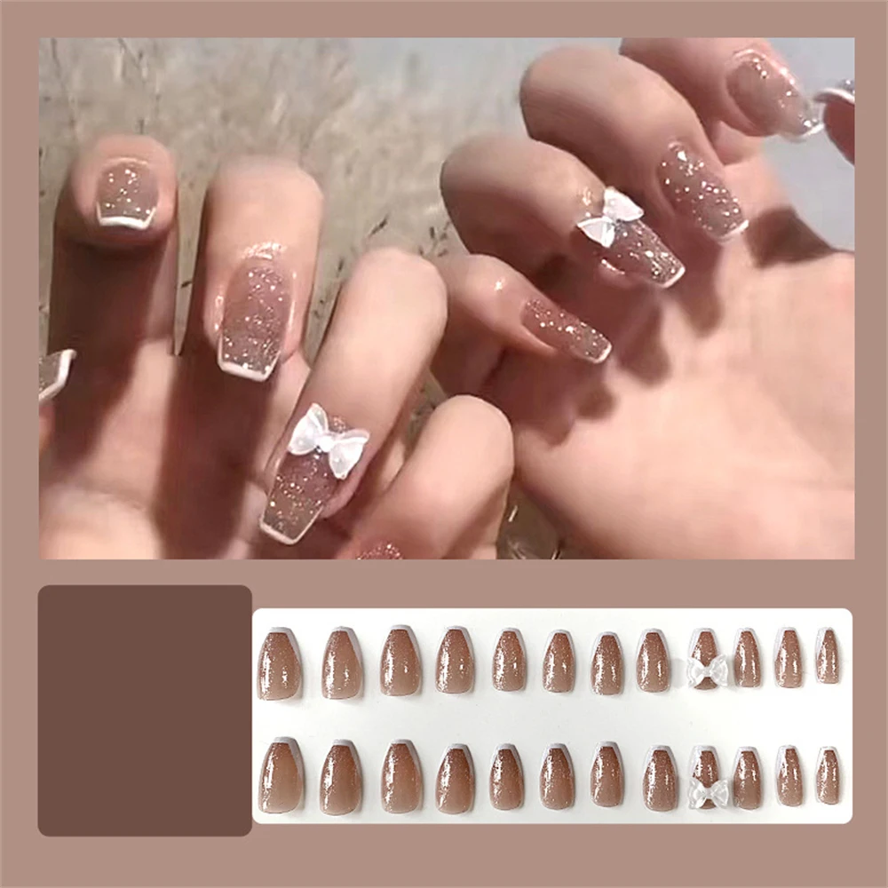 Puntas de uñas postizas de 24 piezas con diseño de arco de perlas, Parche de mejora extraíble, acabado de palo en las uñas - imagen 4