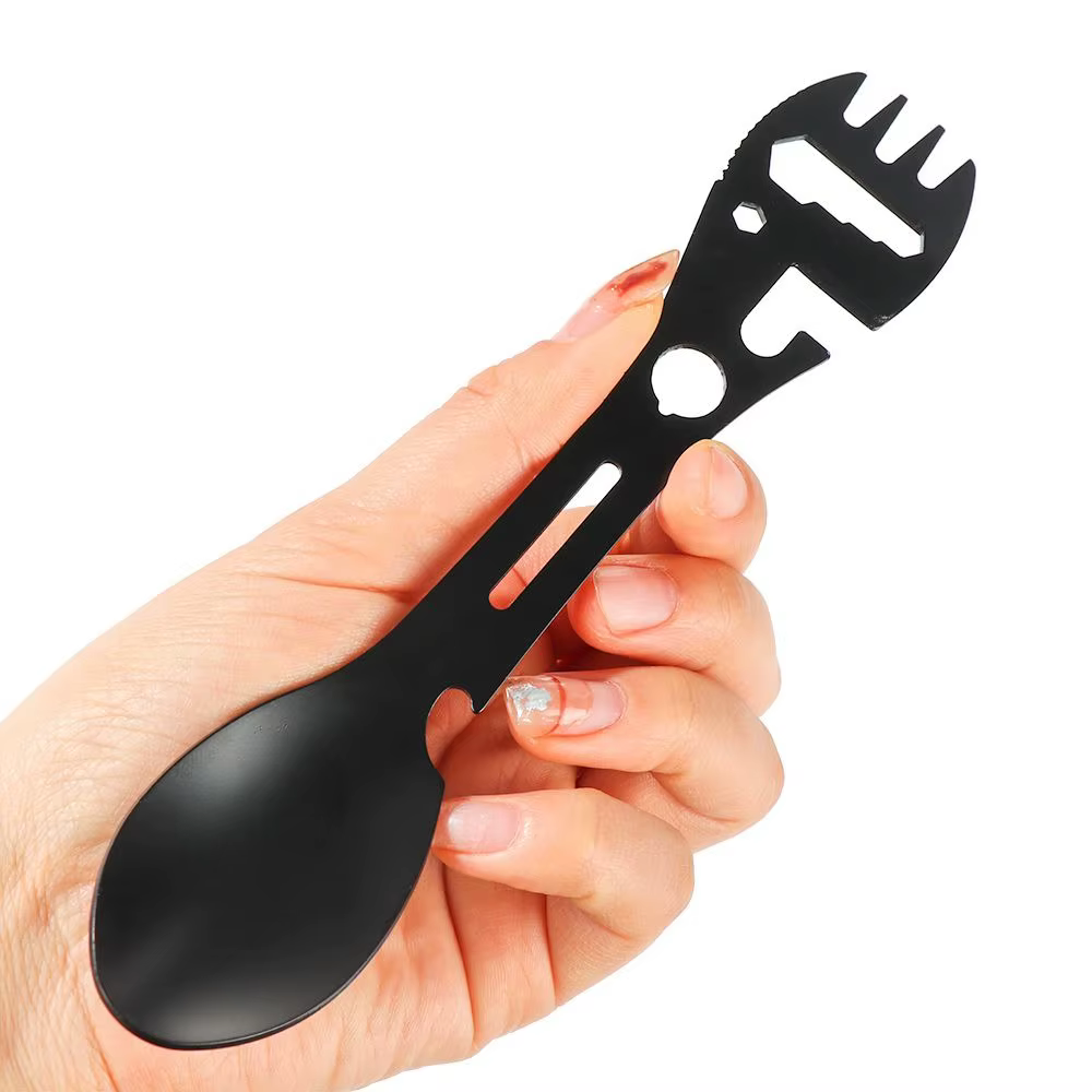 Llave multifunción portátil de acero inoxidable para exteriores, herramienta de supervivencia para acampar, tenedor, cuchara, abridor de latas, 10 en 1 - imagen 4