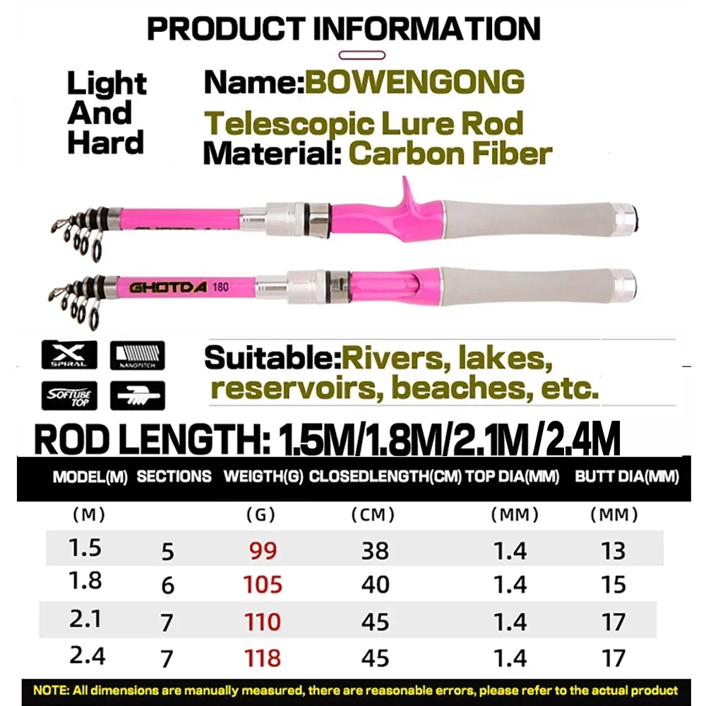 Caña de pescar telescópica corta giratoria/fundida 1,5/1,8/2,1/2,4 M caña de Jigging de trucha de carbono ultraligera para accesorios de pesca de viaje - imagen 3