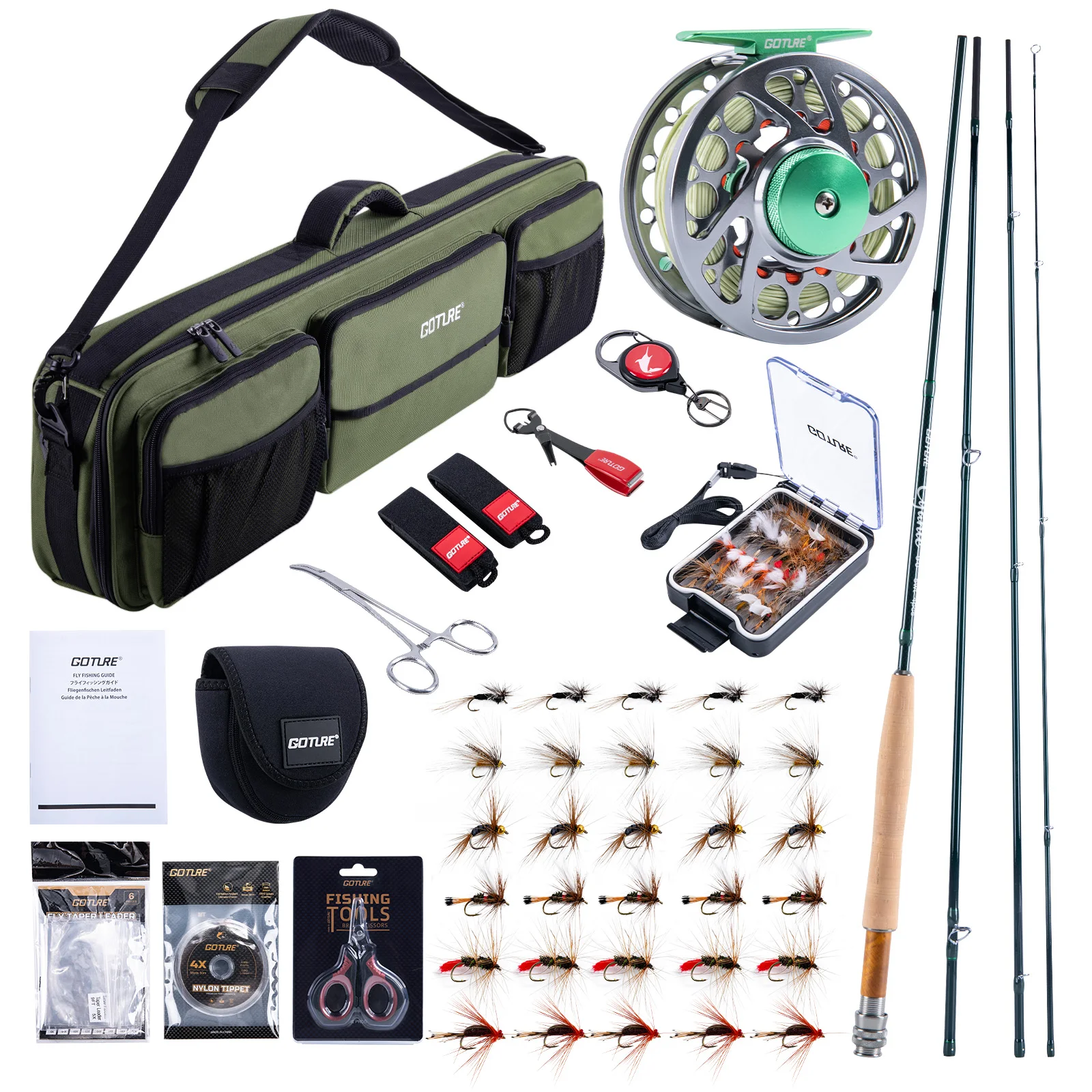 Goture Caña Mosca 4T Carrete Pre-enrollado Línea Moscas Kit