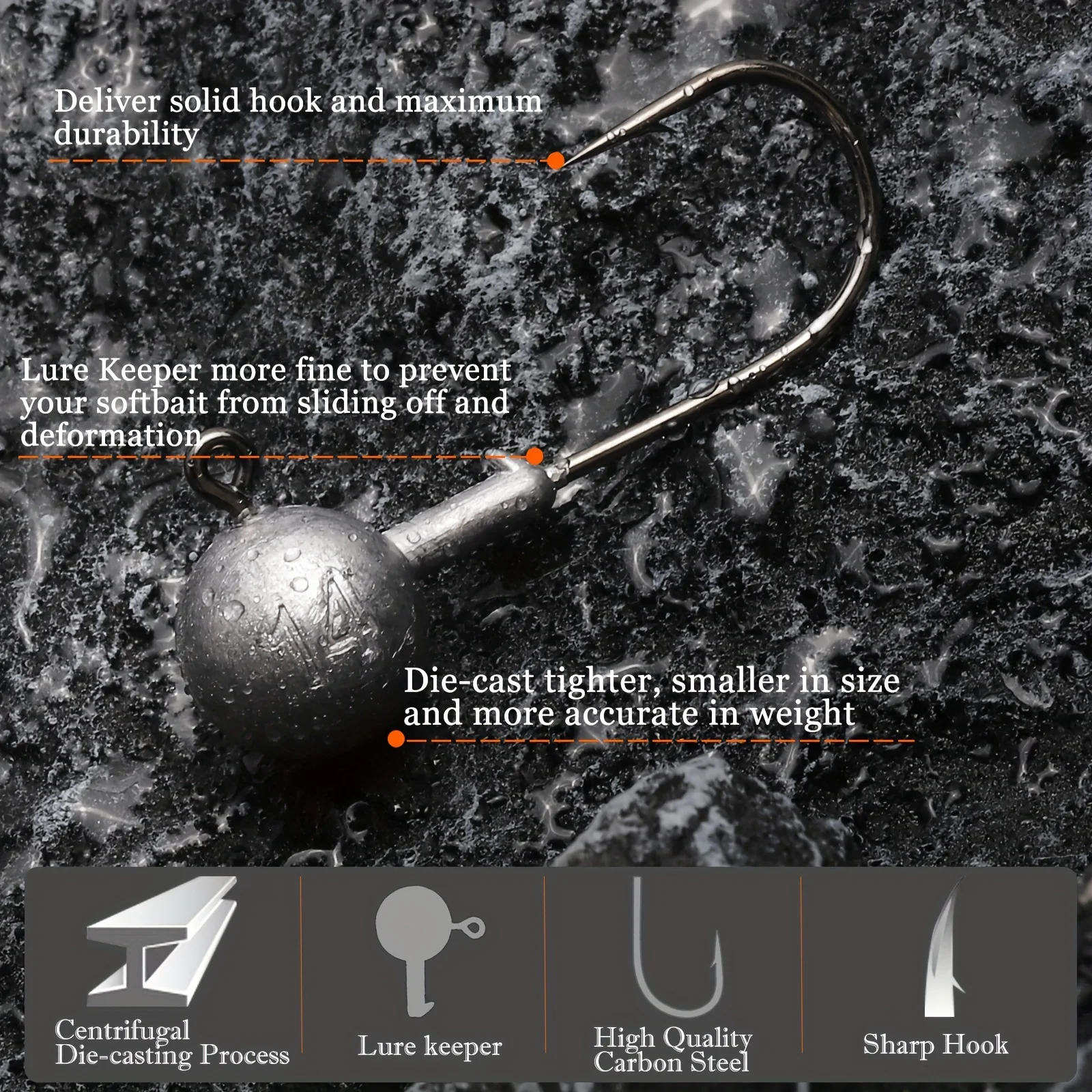 Anzuelo de pesca con cabeza de anzuelo grande, 50-20 unidades/caja, todos los tamaños, 1-20g, bolas redondas, anzuelos sin malezas, vástago largo para cebo de gusano suave - imagen 3