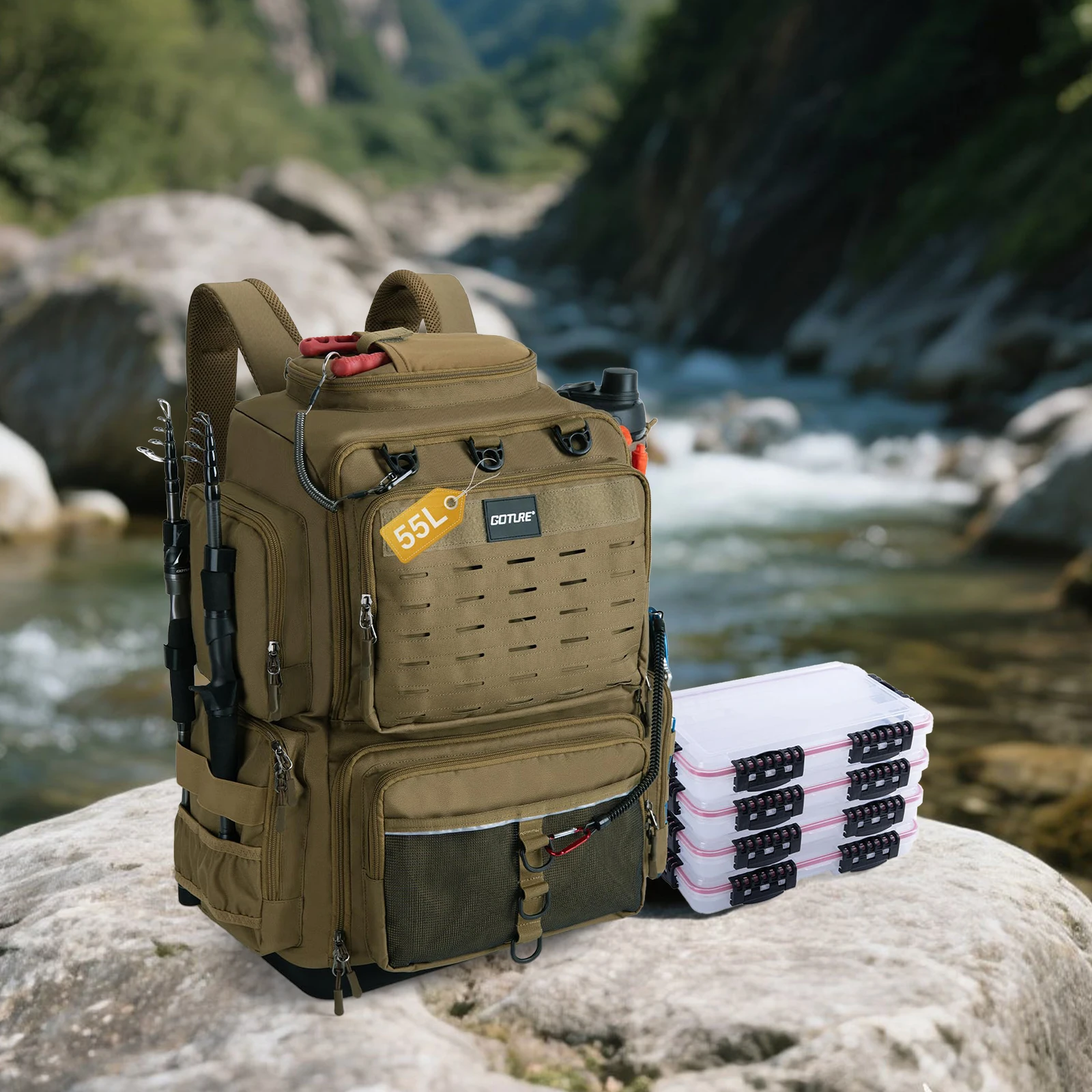 Mochila de pesca Goture con 4 3700 cajas de aparejos, bolsa de aparejos de pesca con fondo de EVA IPX de 55L con soporte para caña, con 8 bolsillos para señuelos